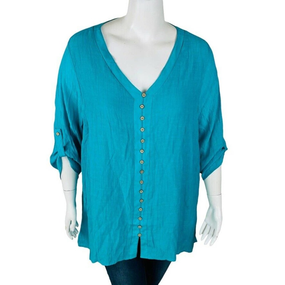 Arna York Womans Size 26/28 Plus V Neck Blouse Top Blue Green 3/4 Sleeve